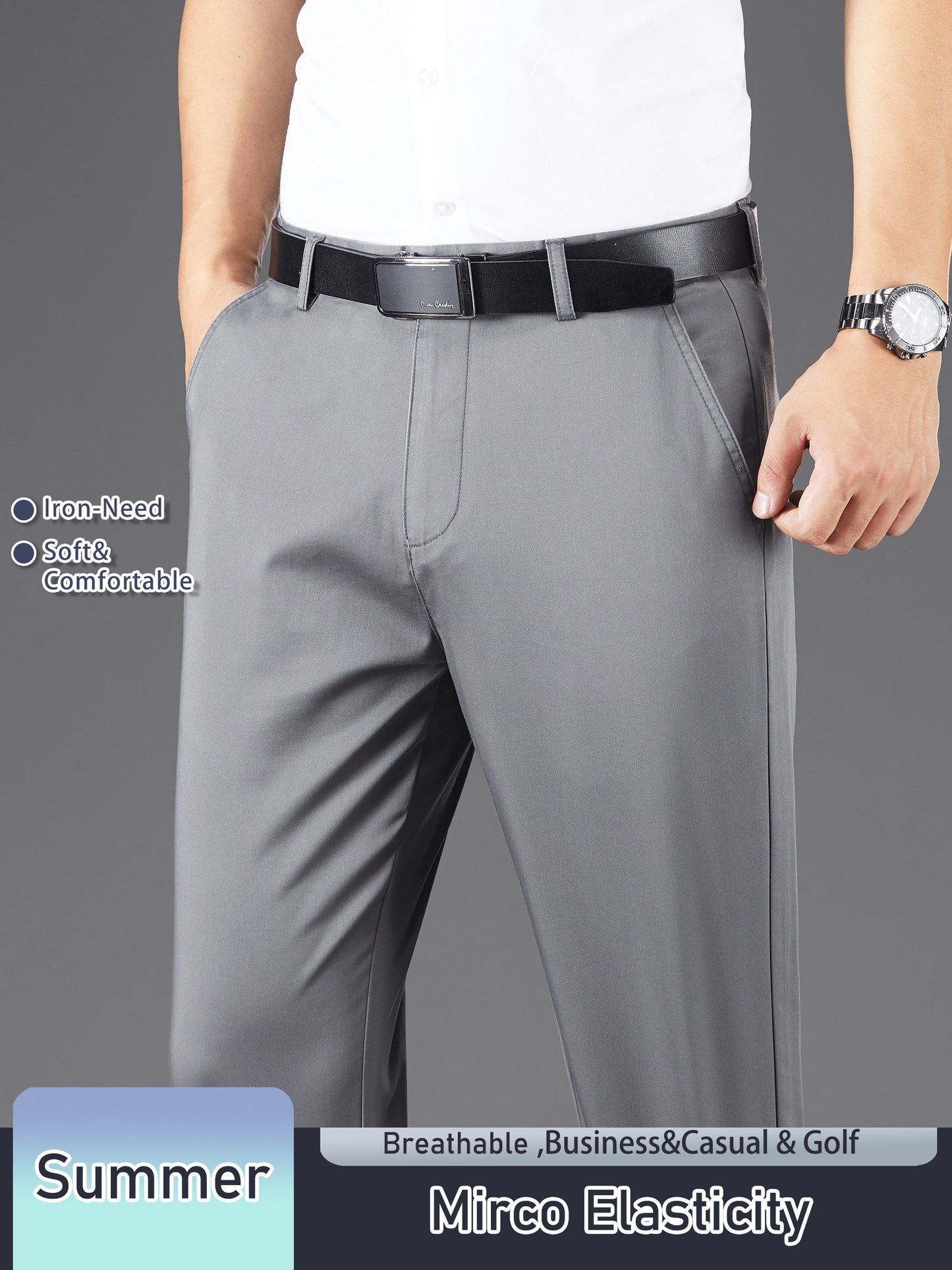 Men's Solid Color Straight Leg Business Style Cotton Blend Pants, Casual Comfy Breathable Outdoor Trousers As Gift