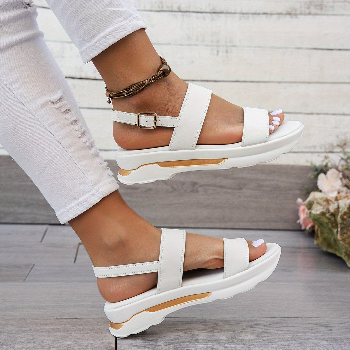 Mhysa Women's Comfortable Open-Toe Platform Sandals with Thick Sole & Golden Buckle Strap - Summer Casual White PU Cover Ankle Strap Sandals for Casual Attire, Ladies Sandals