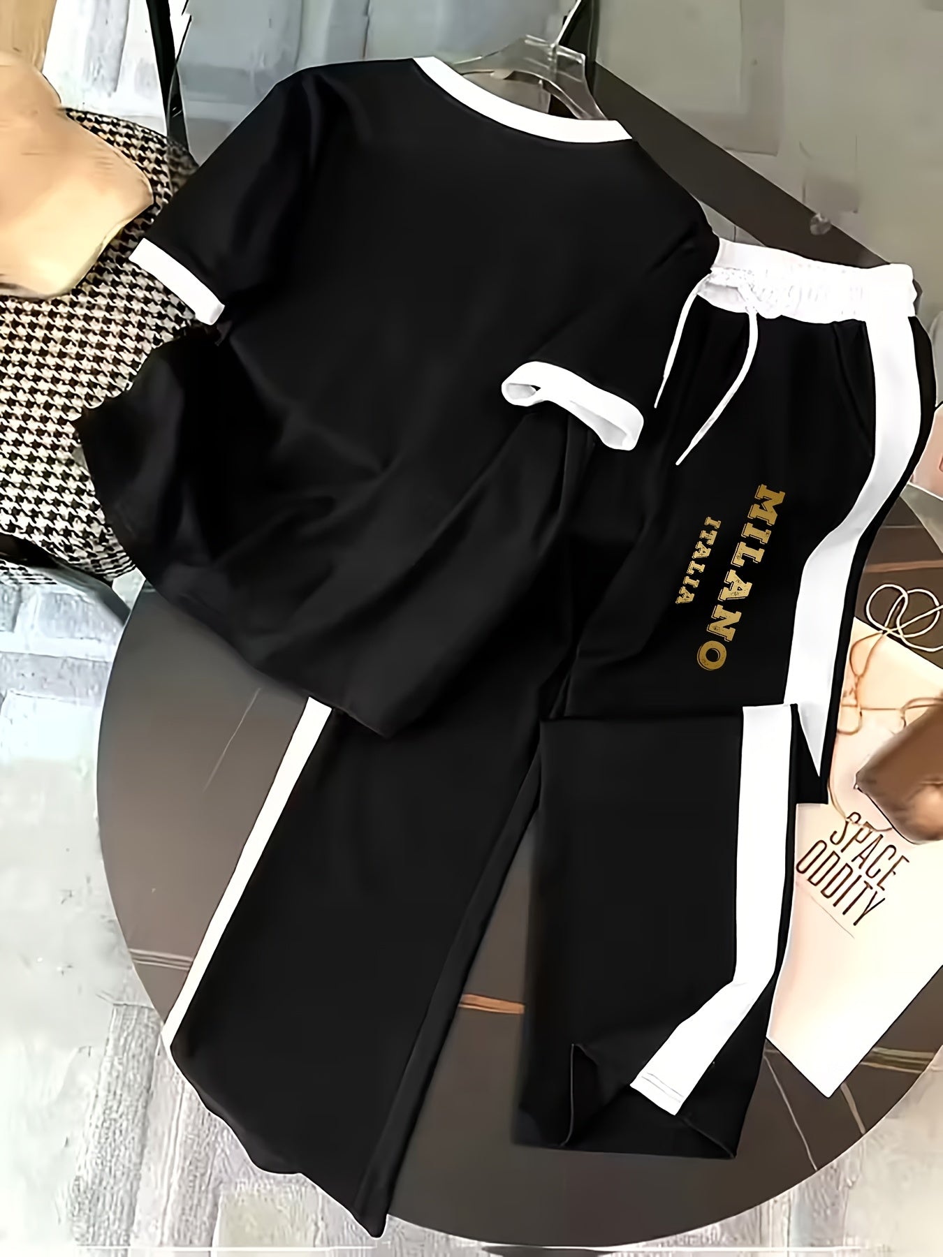 Women’s Casual Commuter 2-Piece Polyester T-Shirt & Wide-Leg Pants Set