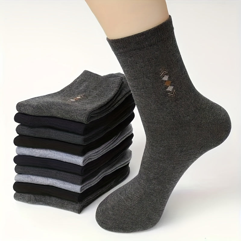 10/15 Pairs Men's Elite Business Socks, Simple Daily Durable Mid-Calf Socks, Polyester Blend with Spandex, Machine Washable, Geometric Pattern, Knit Fabric