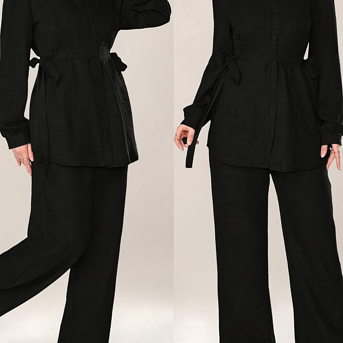 Women'S Solid Color Long Sleeve Knotted Waist Single-Breasted Shirt and Pants Elegant Commuter Set, Two-Piece Summer Autumn Women'S Outfit Office Business Casual Women'S Suit
