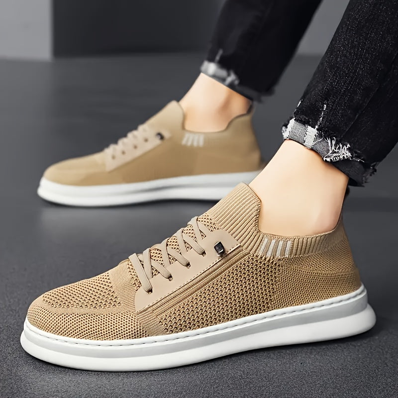 Men'S Breathable Knit Mesh Running Shoes - Anti-Odor Casual Sneakers with Soft EVA Sole, Round Toe Design Low-Top Lace-Up for Jogging, Hiking, Outdoor Daily Wear - Khaki/Black/Gray, Jogging Shoes