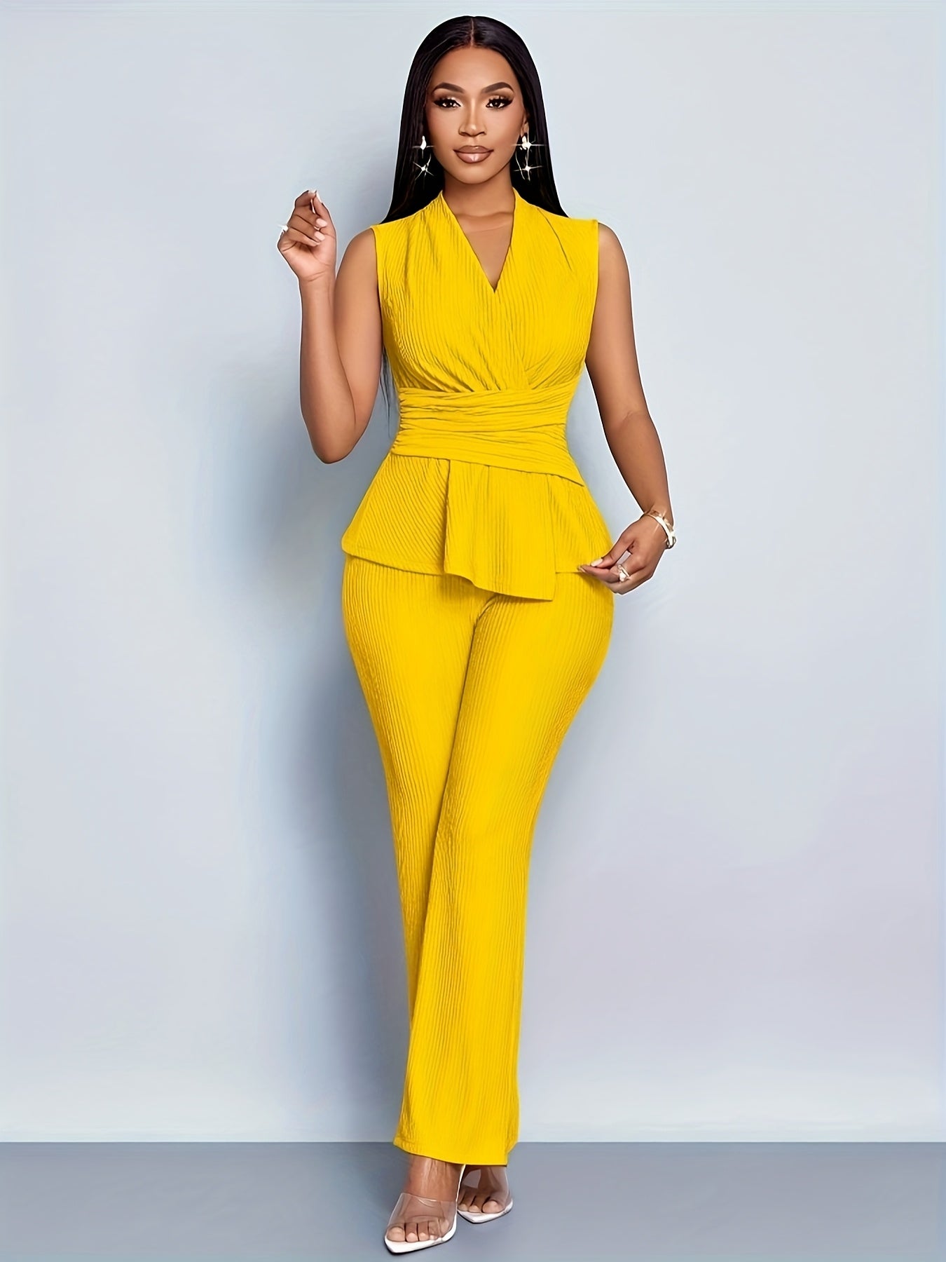 Women's Elegant V-Neck Sleeveless T-Shirt and Wide-Leg Pants Two-Piece Set, Asymmetrical Hem Casual Spring/Summer Outfit