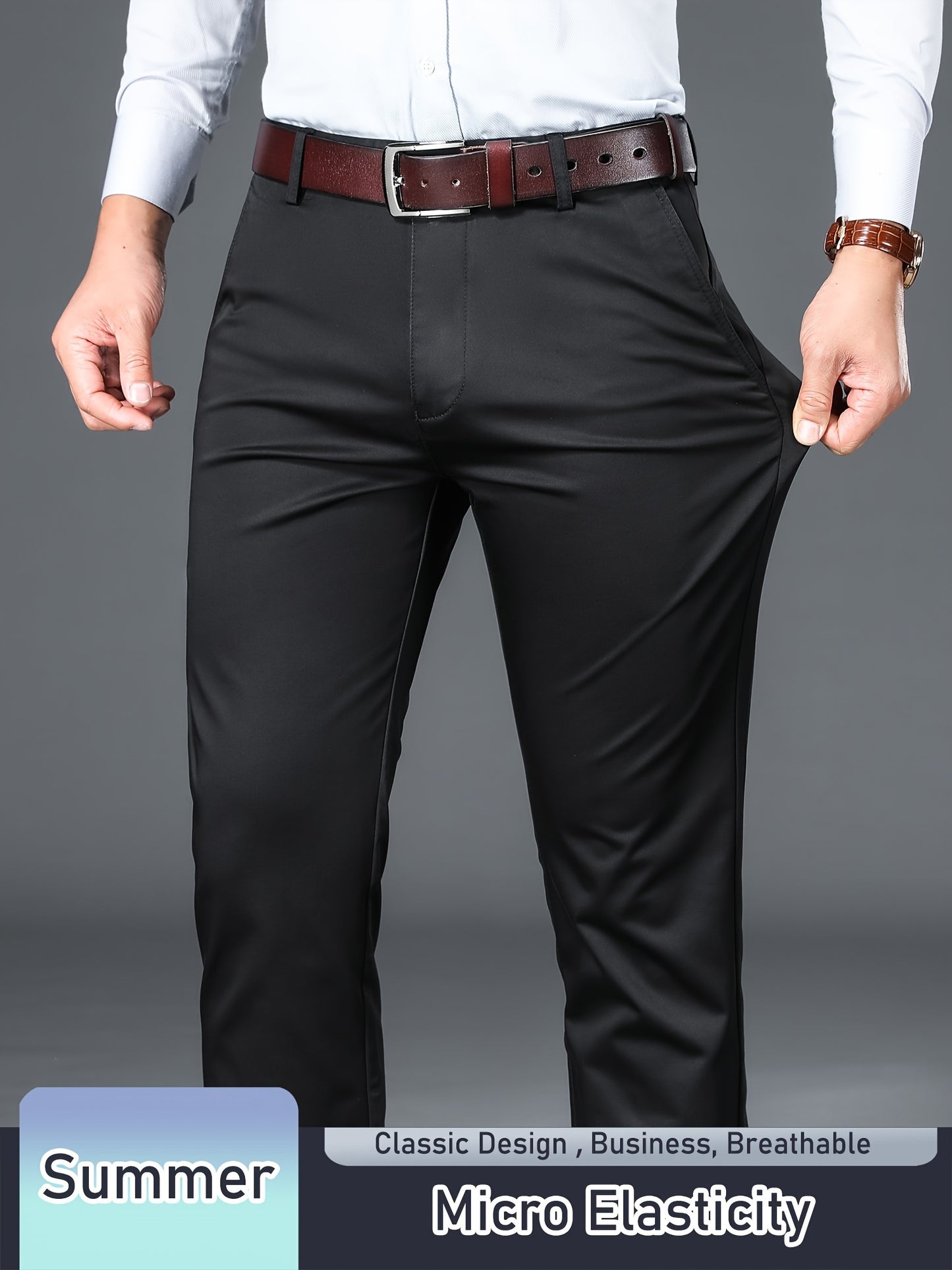 Men's Solid Pants With Pockets, Light Business Style Regular Fit Trousers For Outdoor Activities, Daily Wear For Spring And Autumn