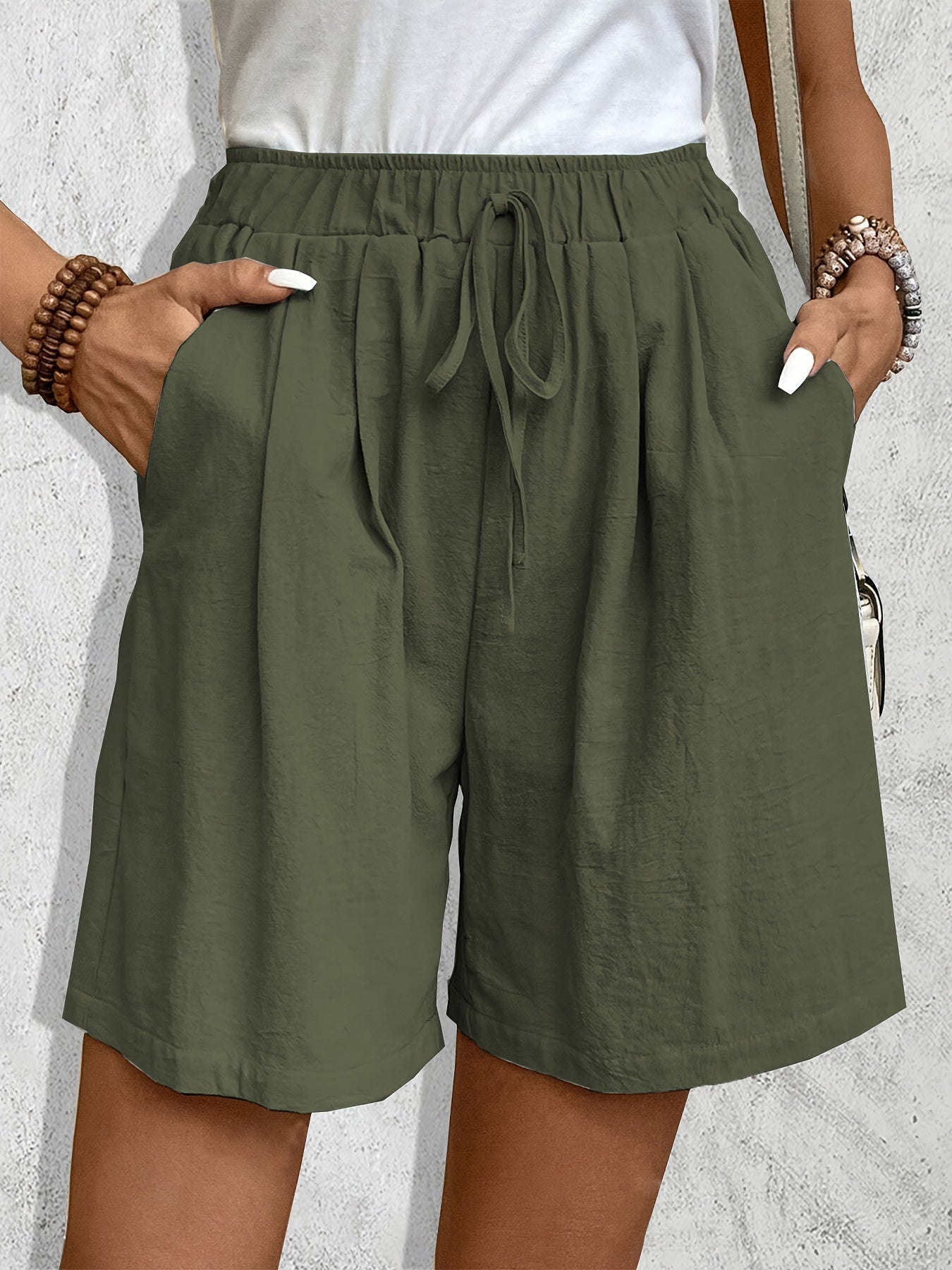 Women'S Casual Blend Shorts, Solid Color, Regular Fit, Non-Stretch Woven Fabric, with Faux Drawstring Detail, for Spring/Summer/Fall - Daily & Vacation Style