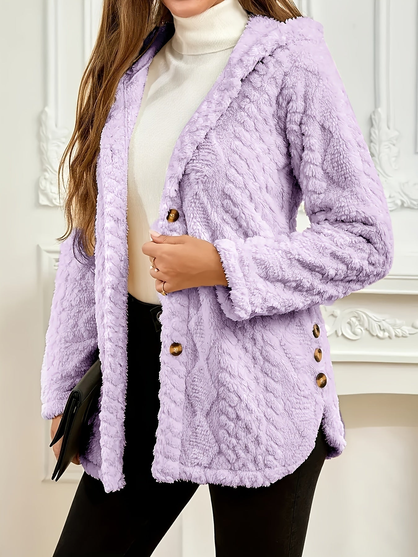 Elegant Pink Faux Fur Coat for Women - Chic Button-Front Hooded Jacket with Sleek Collar, Long Sleeves, and Ribbed Detailing - Perfect for Fall & Winter, Hand or Dry Clean Only