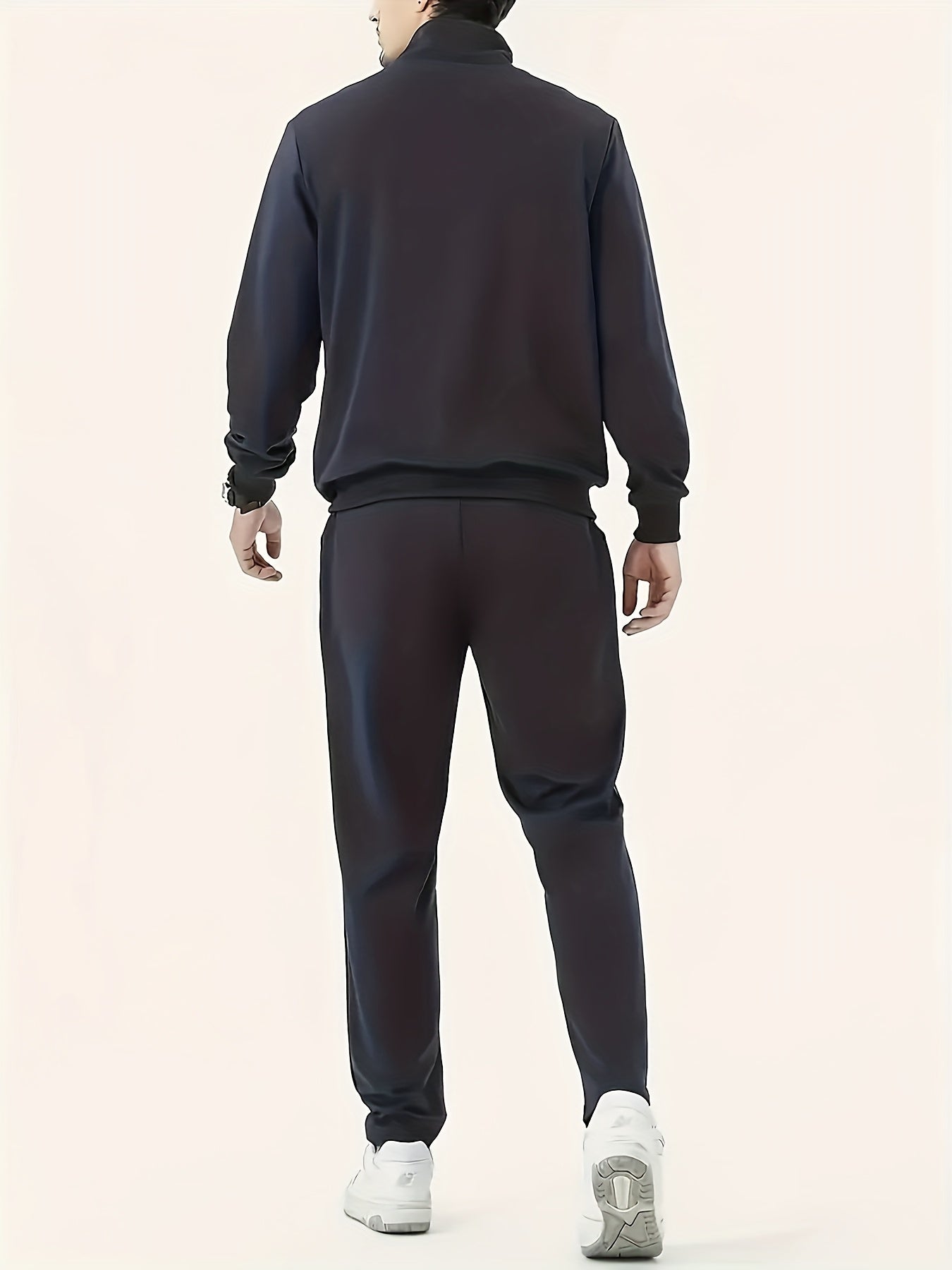 1set Men'S Casual Sports Set, Summer Knit Polyester Athletic Outfit with Solid Color, Crew Neck, Regular Fit, Micro-Elastic Fabric, Lightweight 220g/m², for Jacket and Pants Combo