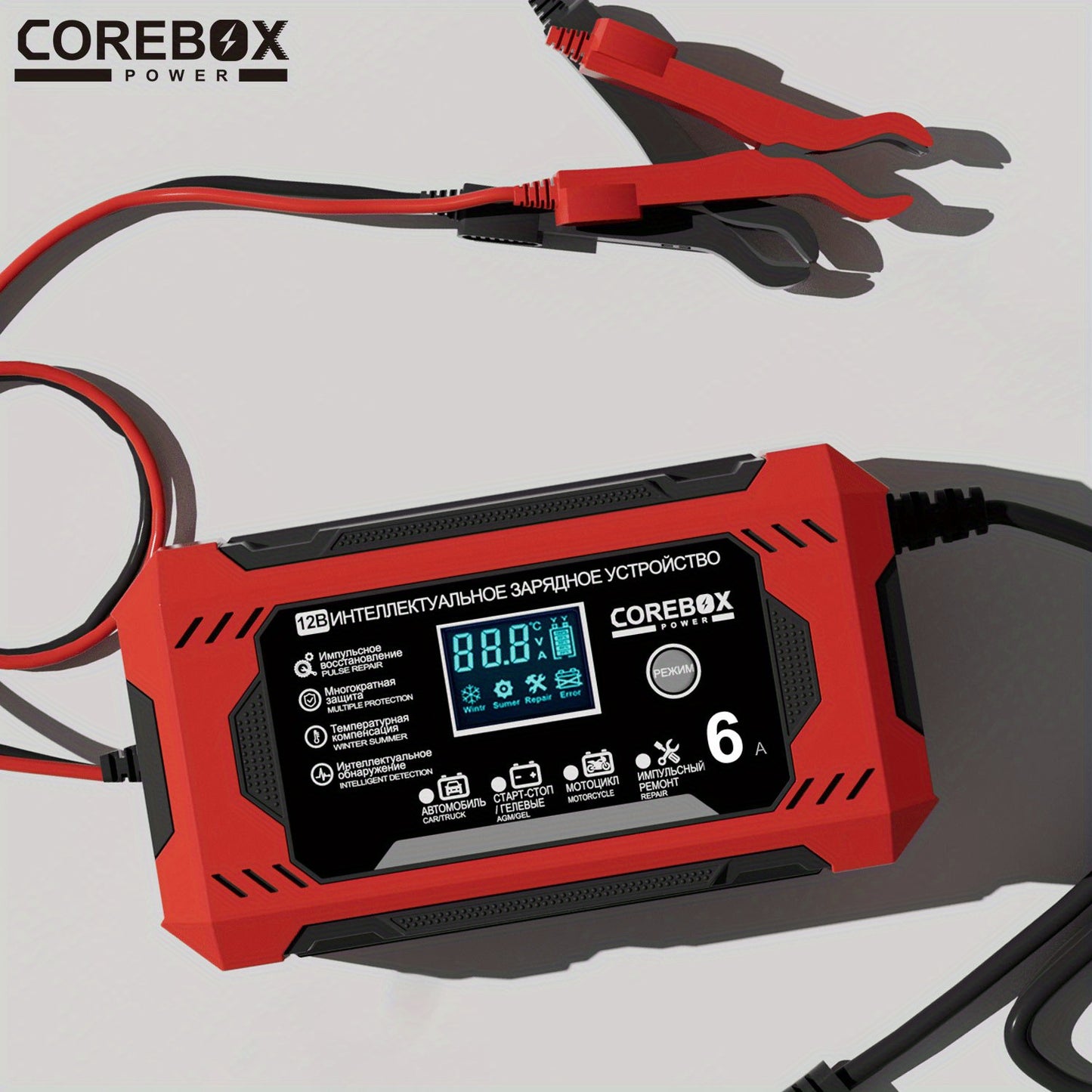 COREBOX EU Plug 12V 6A Smart Battery Trickle Charger 12V Battery Maintainer Battery Charger with LCD Display for Car Truck Motorcycle Lawn Mower Marine Lead Acid Charge, Without Battery