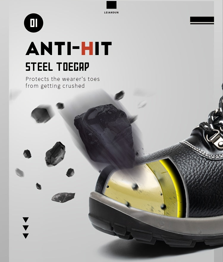 Reinforced Anti-Puncture & Anti-Smashing Safety Work Boots for Men - Heavy-Duty Steel Toe Cap, Anti-Piercing Cushioned Insole, PU Upper & Lining, All-Terrain Traction - Winter/Spring/Fall Construction/Industrial/Construction/