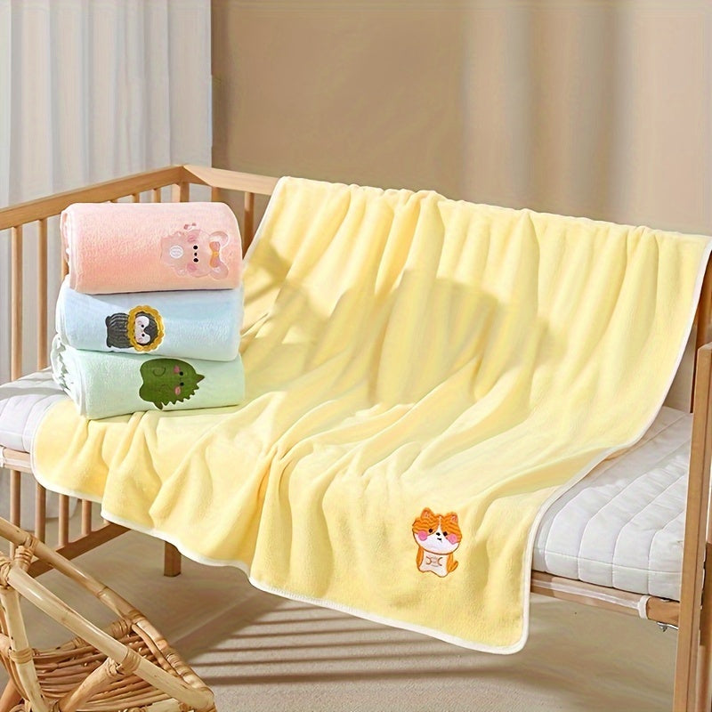Bindi Monkey Ultra-Soft Coral Fleece Youngsters Towel - Quick-Dry, Absorbent & Cozy Cartoon Embroidered Bath Towel for Boys & Girls - Pink/Green/Blue/Yellow Options