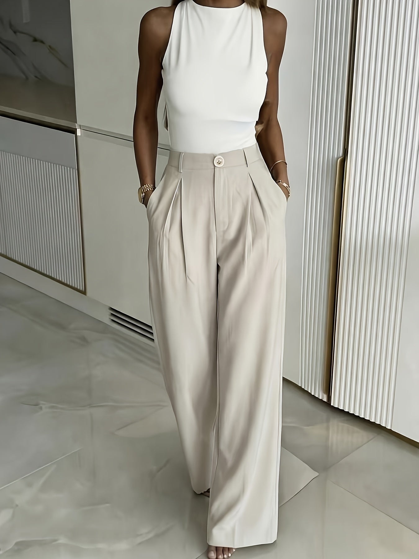 Women’s Elegant Wide-Leg Summer Trousers with Unique Belt Design