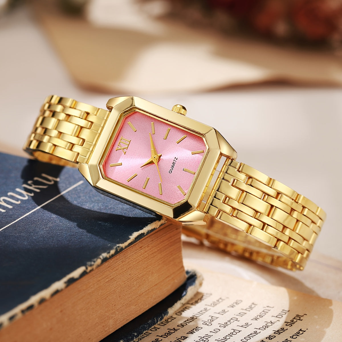1pc Women's Luxury Square Watch with Multi-Color Dial & Golden-Tone Zinc Alloy Band - Quartz Movement, Fashionable Wristwatch for Casual & Formal Occasions, Casual Wristwatch | Colorful Dial Watch | Premium Look Watch
