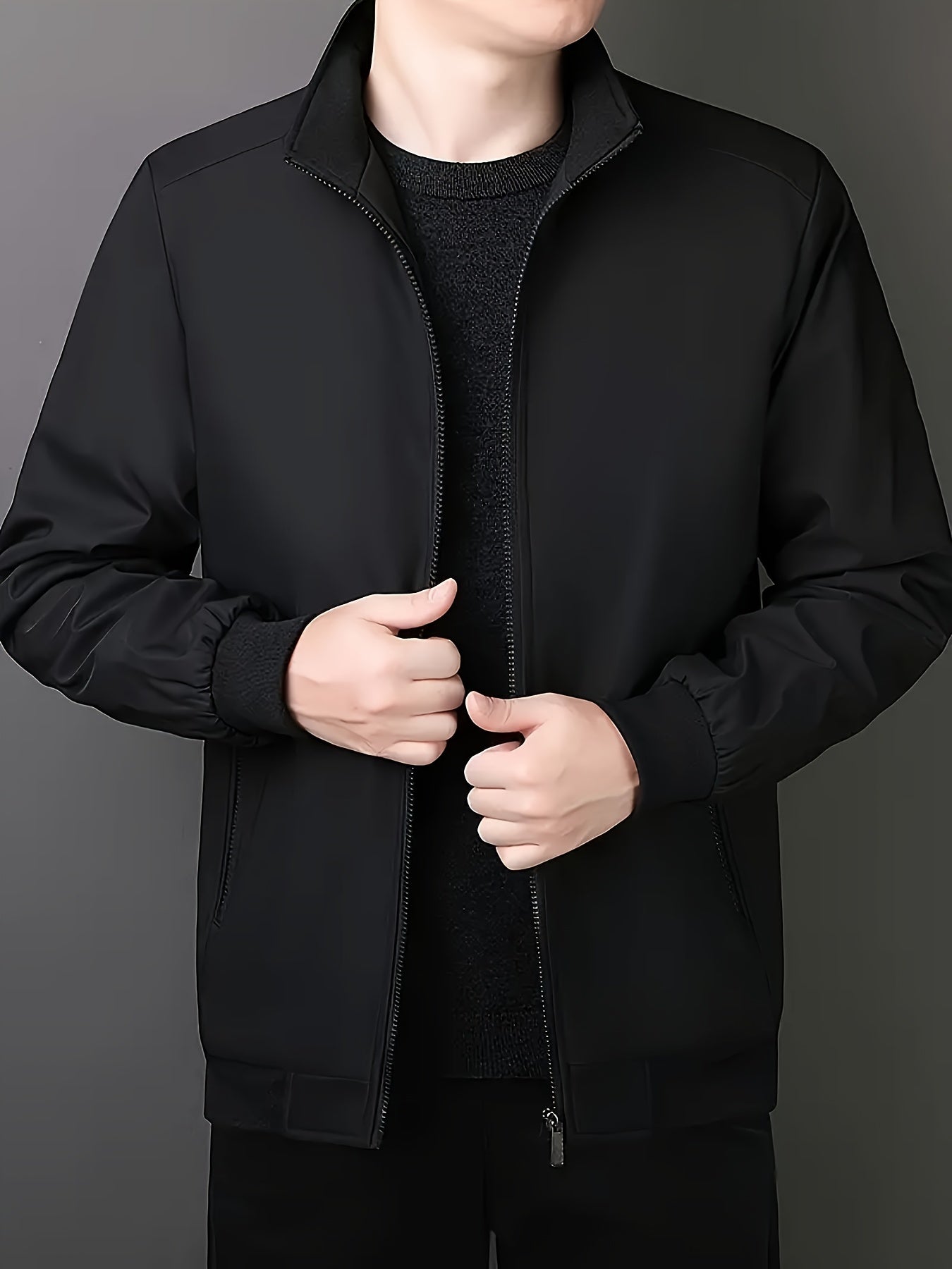 Men's Fleece-Lined Zip-Up Jacket - Casual Stand Collar, Outdoor Sports Coat with Pockets, Machine Washable