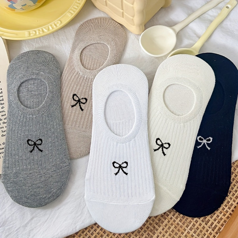 5 Pairs Bow Print Boat Socks, Cute & Sweet Low Cut Invisible Socks, Women's Stockings & Hosiery