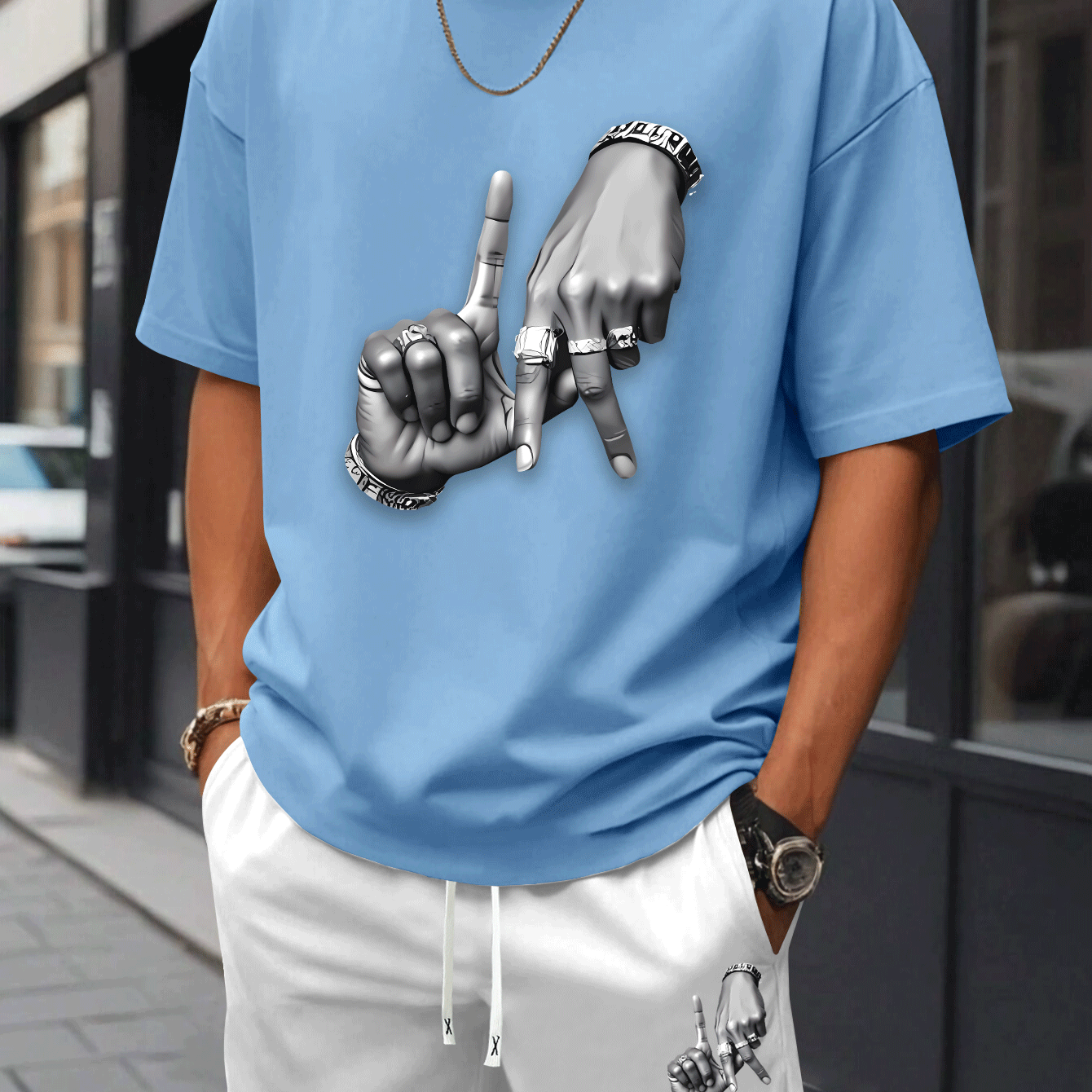 New Summer Men's Printed 2pcs Fashion Casual Suit, Round Neck Short Sleeve T-shirt and Waistband Shorts Set