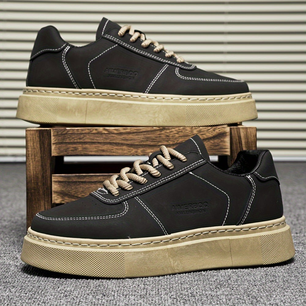 Men's Solid Colour Platform Skateboard Shoes, Comfy Non Slip Durable Lace Up Sneakers For Men's Outdoor Activities