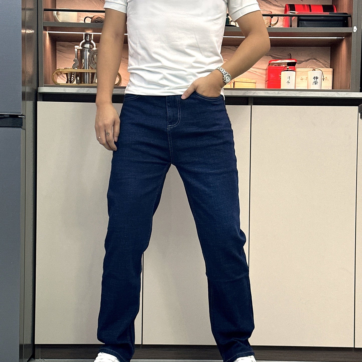 Men's Classic Straight-Leg Jeans in Dark Blue - Comfortable & Stylish Denim for Casual, Work, and Business Dates | Machine Washable, Non-Transparent with Printed Detail | All-Season Wear