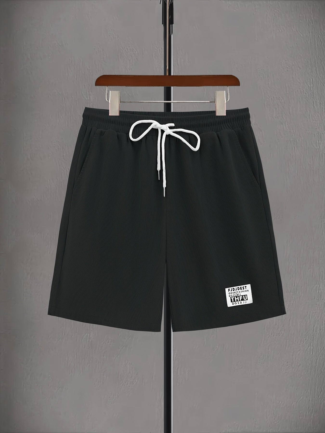 Men's Casual Corduroy Shorts with Drawstring Waist, Side Pockets, and "California" Print - Black, Polyester, All-Season Wear for Outdoor Activities