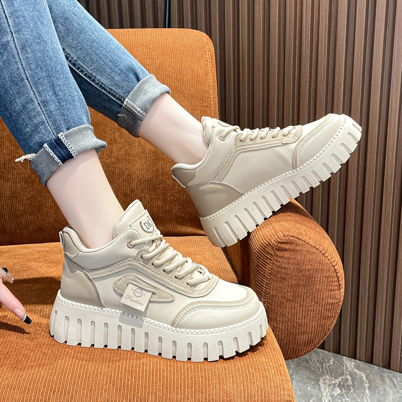1 Pair Women'S Fashion Mid-Top Casual Sneakers, PU Upper, Fabric Lining, Rubber Sole, and EVA Insole, Lace-Up Design, with All-Season Versatile Athletic Shoes