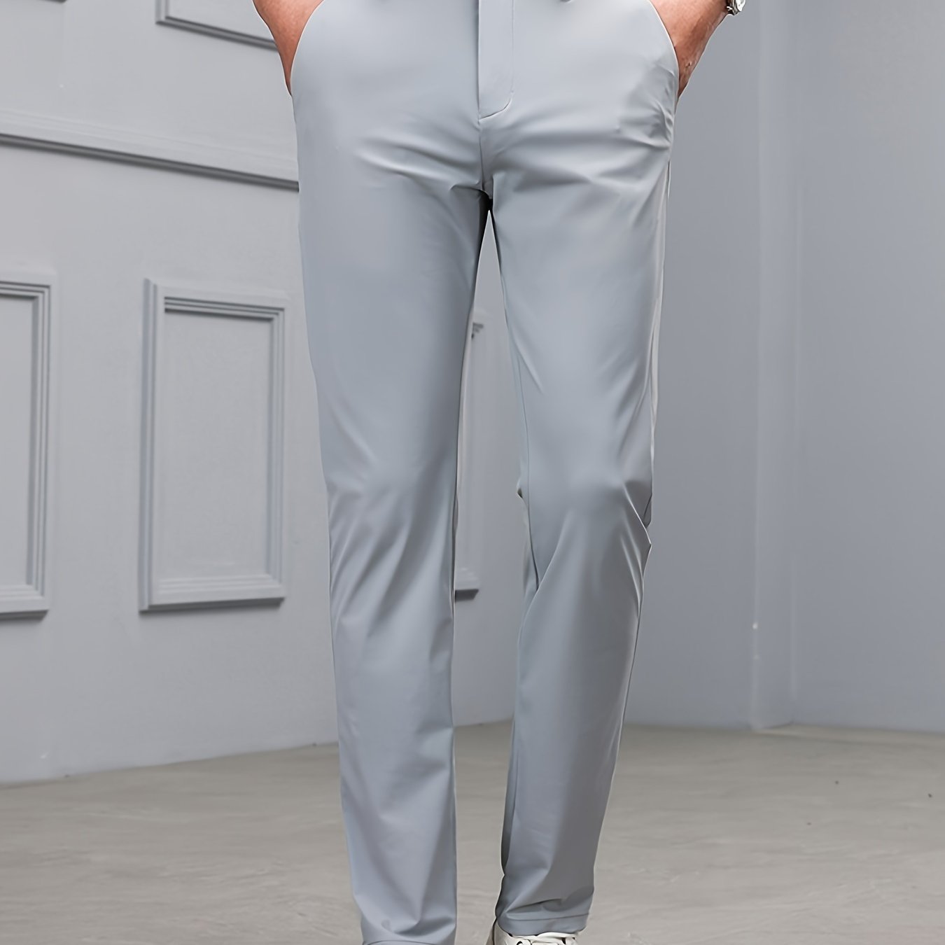 Men's Slim-Fit Stretch Casual Pants with Multiple Pockets - Waterproof, UV Protection, Light Gray, Straight Leg, Nylon Blend for Spring/Fall, Button Closure, Comfortable & Stylish Design, Everyday Comfort Pants | Modern Casua