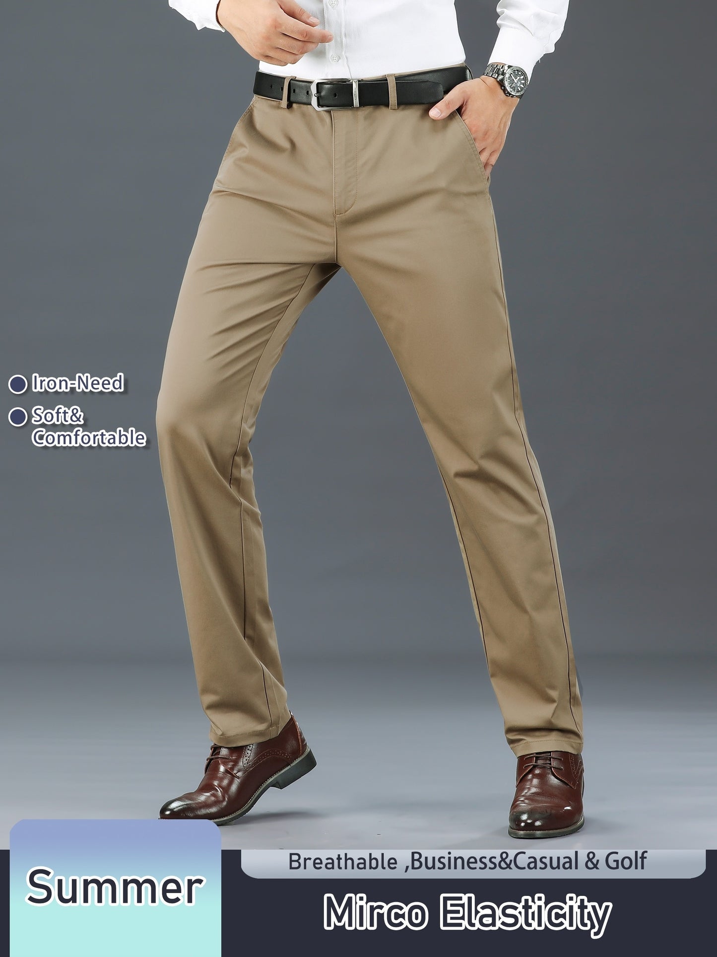 Men's Solid Color Straight Leg Business Style Cotton Blend Pants, Casual Comfy Breathable Outdoor Trousers As Gift
