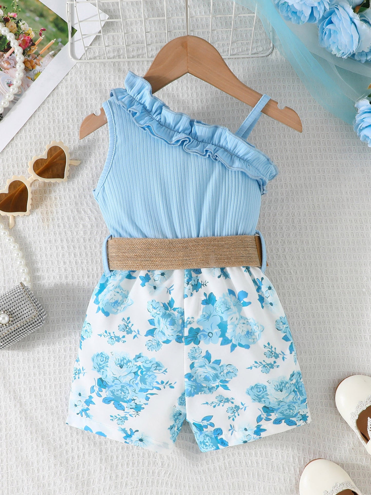 Baby's Vacation Style Flower Pattern Splicing One-Shoulder Romper With Belt, Toddler & Infant Girl's Bodysuit For Summer Daily & Outdoor Wear