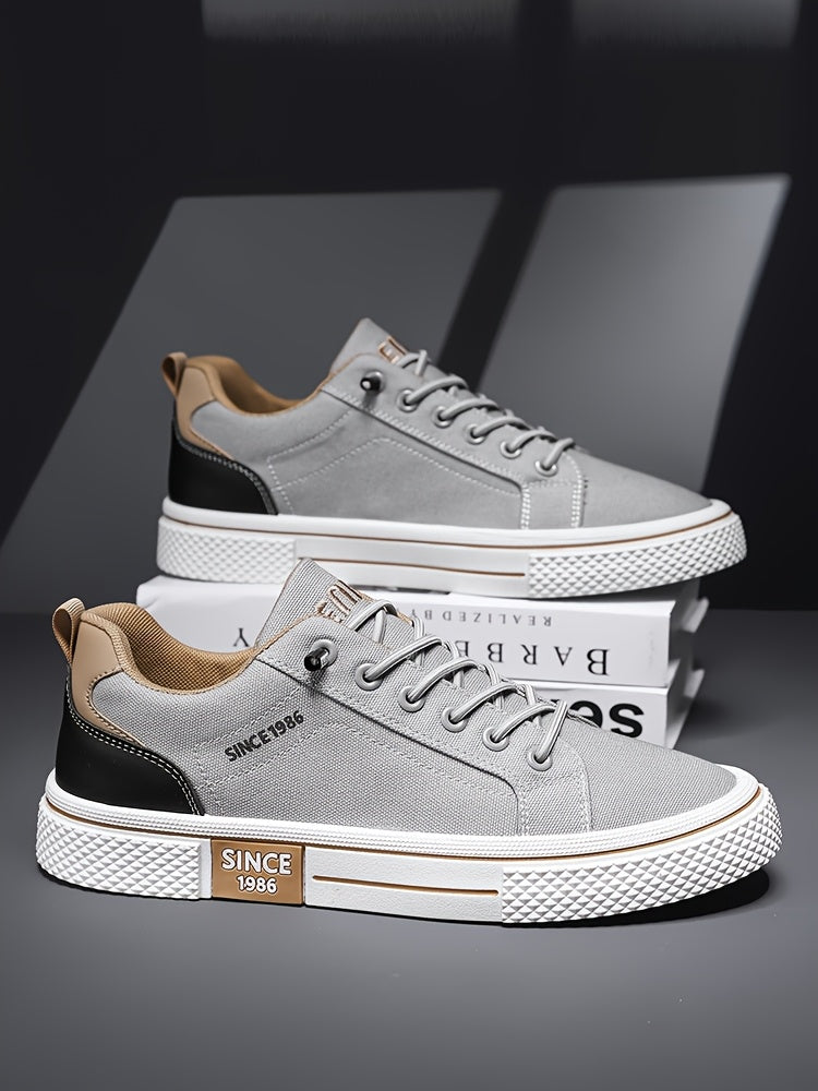 Men's Casual Low-Top Sneakers - Breathable Fabric Durable PVC Sole, Black Beige Contrast Design, Lace-Up Round Toe for All-Season Comfort, Versatile for Casual Semi-Formal Wear, Comfortable Footwear, Fabric Upper