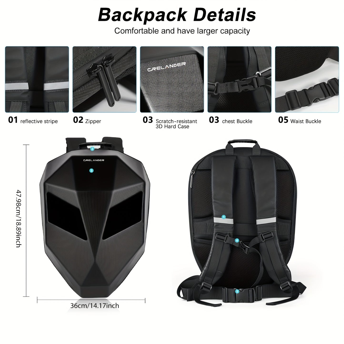 Crelander LED Men'S Motorcycle Backpack - Sleek Black Red Hard Shell Travel Bag with USB Charging, 48.01cm x 35.56cm Capacity, Ergonomic Design for Camping, Cycling Outdoor Adventures, Motorcycle Bag, Adventure Gear, Stre