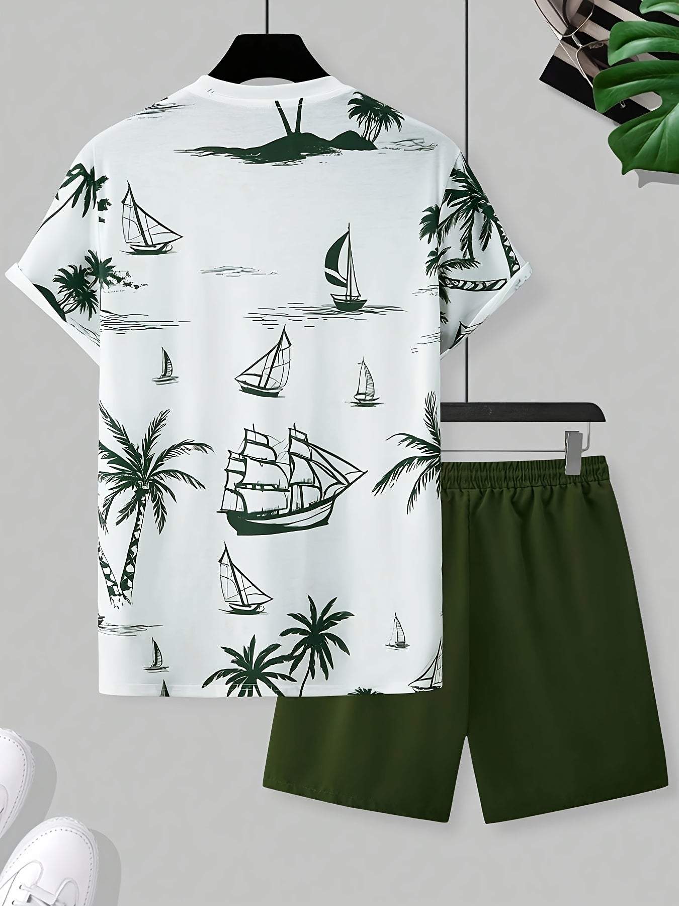 Men'S 2pcs Summer Outfit Set - Coconut & Yacht Print, Crew Neck, Knit Polyester 100%, Slight Stretch, Regular Fit, Casual Weekend Wear, 180gsm - Daily & Leisure Style