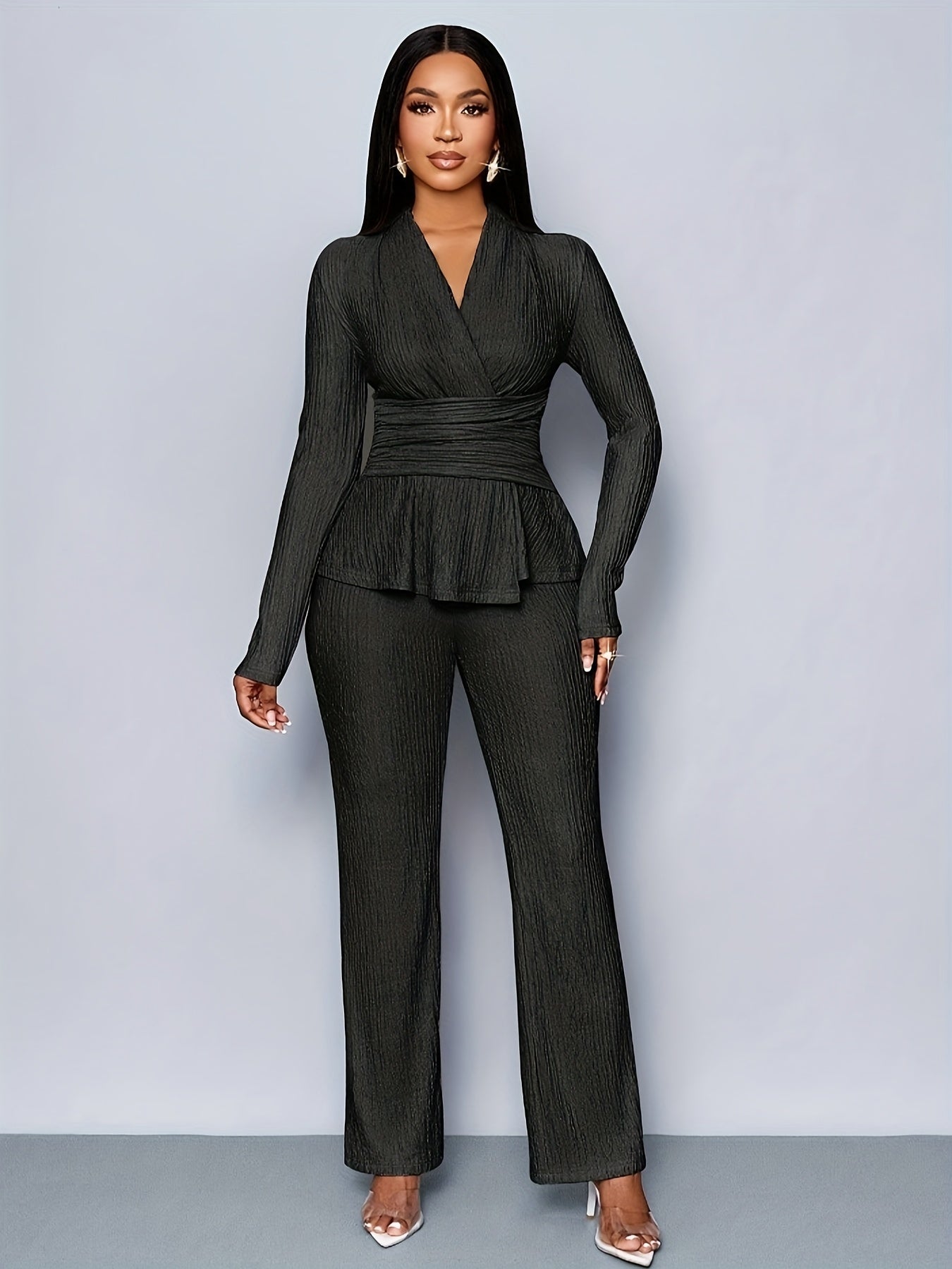 Elegant Women'S V-Neck Long Sleeve Top and Wide Leg Pants Two-Piece Set, Asymmetrical Hem Two-Piece Outfit for Casual Daily Wear, Winter Women'S Clothing