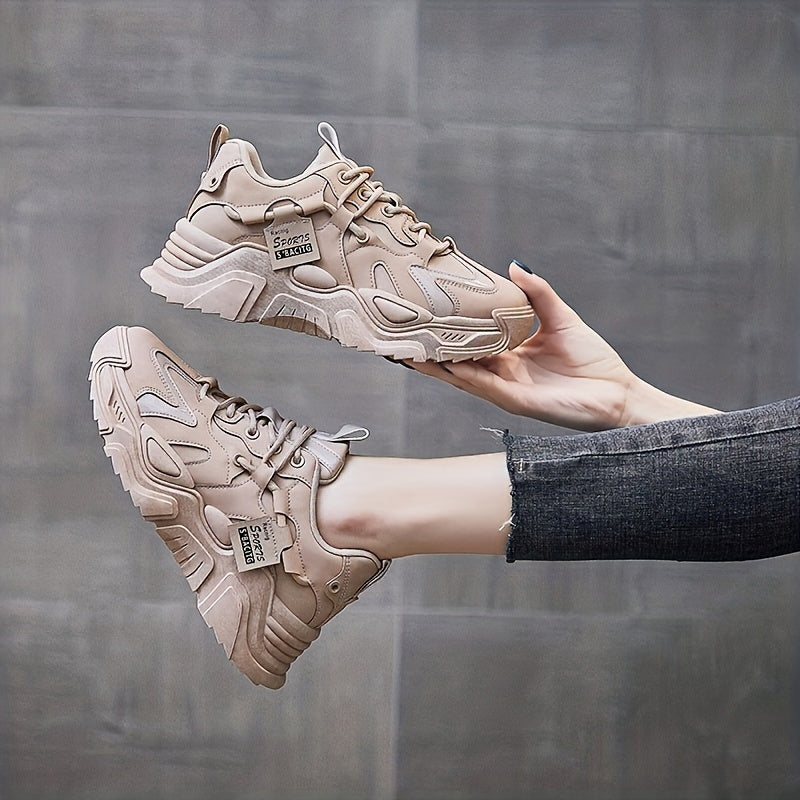 Women's Fashion Chunky Sneakers, All-Season Lightweight Lace-Up Sports Shoes with Breathable Mesh, Solid Color Low Top Casual Dad Shoes, PU Upper, Fabric Inner & EVA Sole