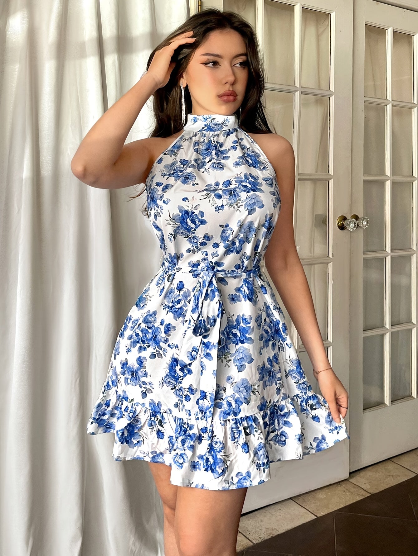 Elegant Floral Print Sleeveless Dress with Ruffle Hem - Choker Neck, Knee-Length, Lightweight Polyester, Machine Washable - Ideal for Spring/Summer/Fall Events