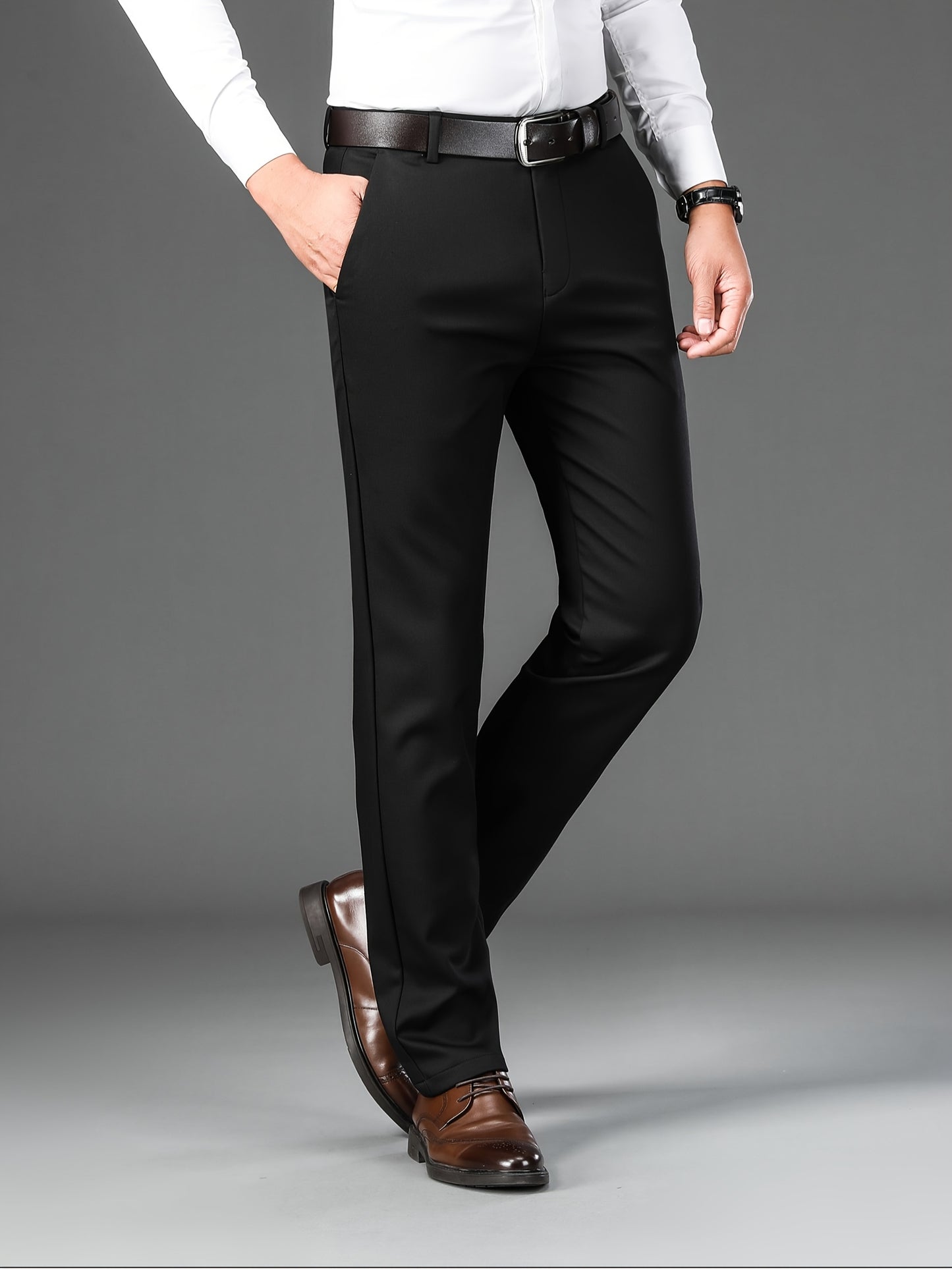 Men's Classic Solid Color Dress Pants - Comfort Fit, All-Season Polyester Blend, Machine Washable - Perfect for Business & Casual Wear