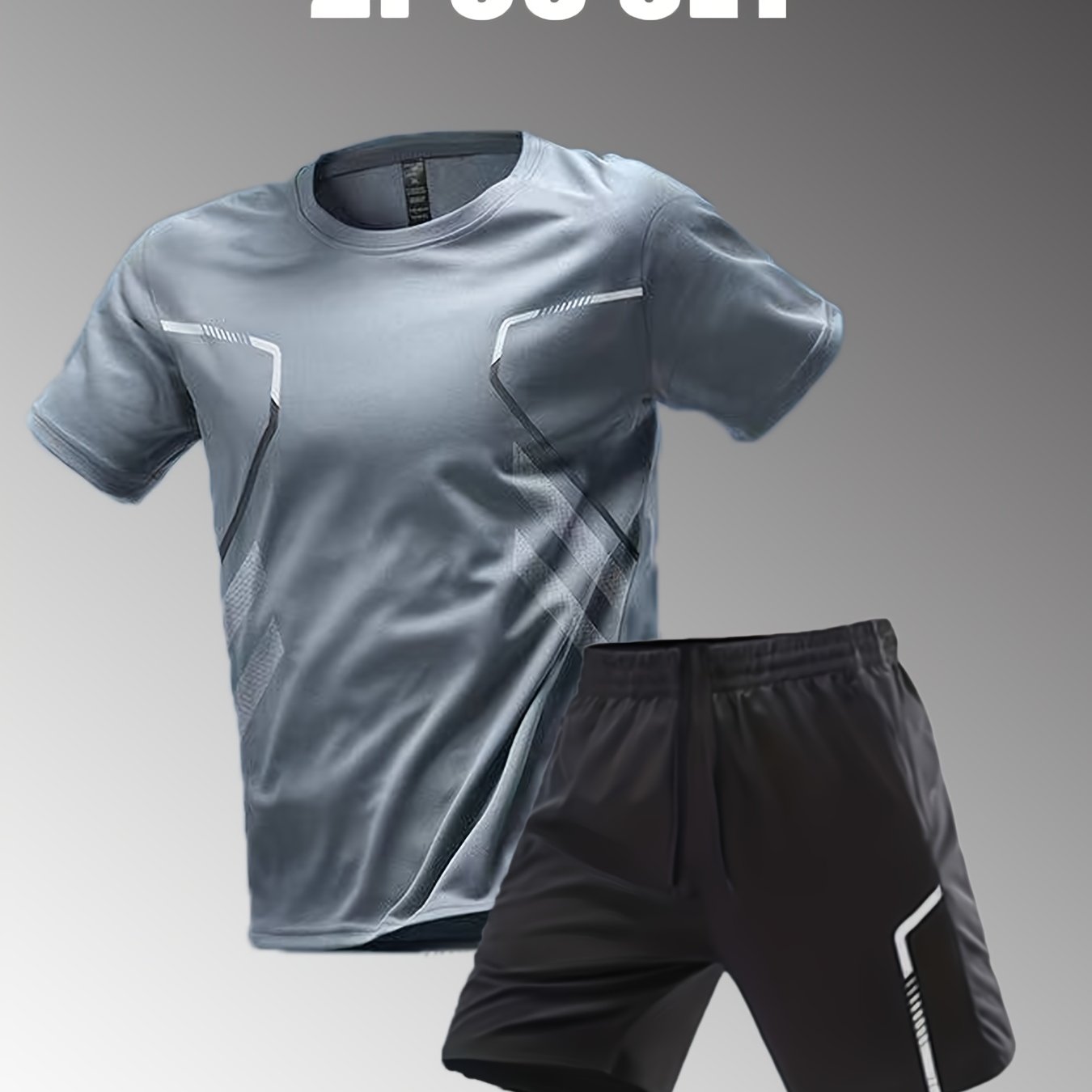 2pcs Men's Summer Sportswear Set - Comfortable Polyester Crew Neck T-Shirt & Black Drawstring Shorts with Side Stripe, Casual Style, Easy Care, Athletic Shorts