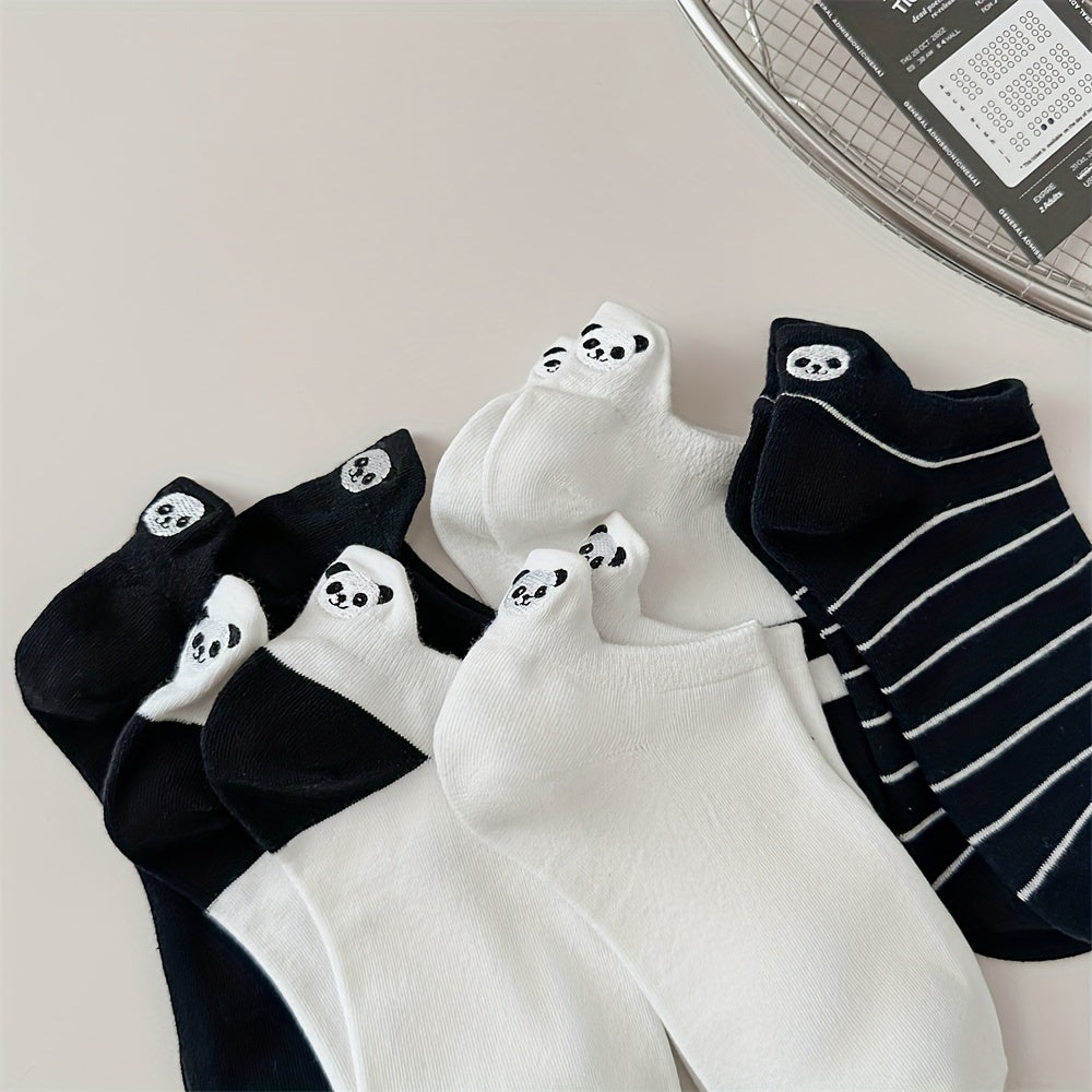 Women's Cotton Ankle-Length Socks 5-Pair Set with Panda Embroidery, Breathable Moisture-Wicking Knit, Anti-Odor, Seamless Toe, Stretch Spandex Blend - Size 200 Needle Count