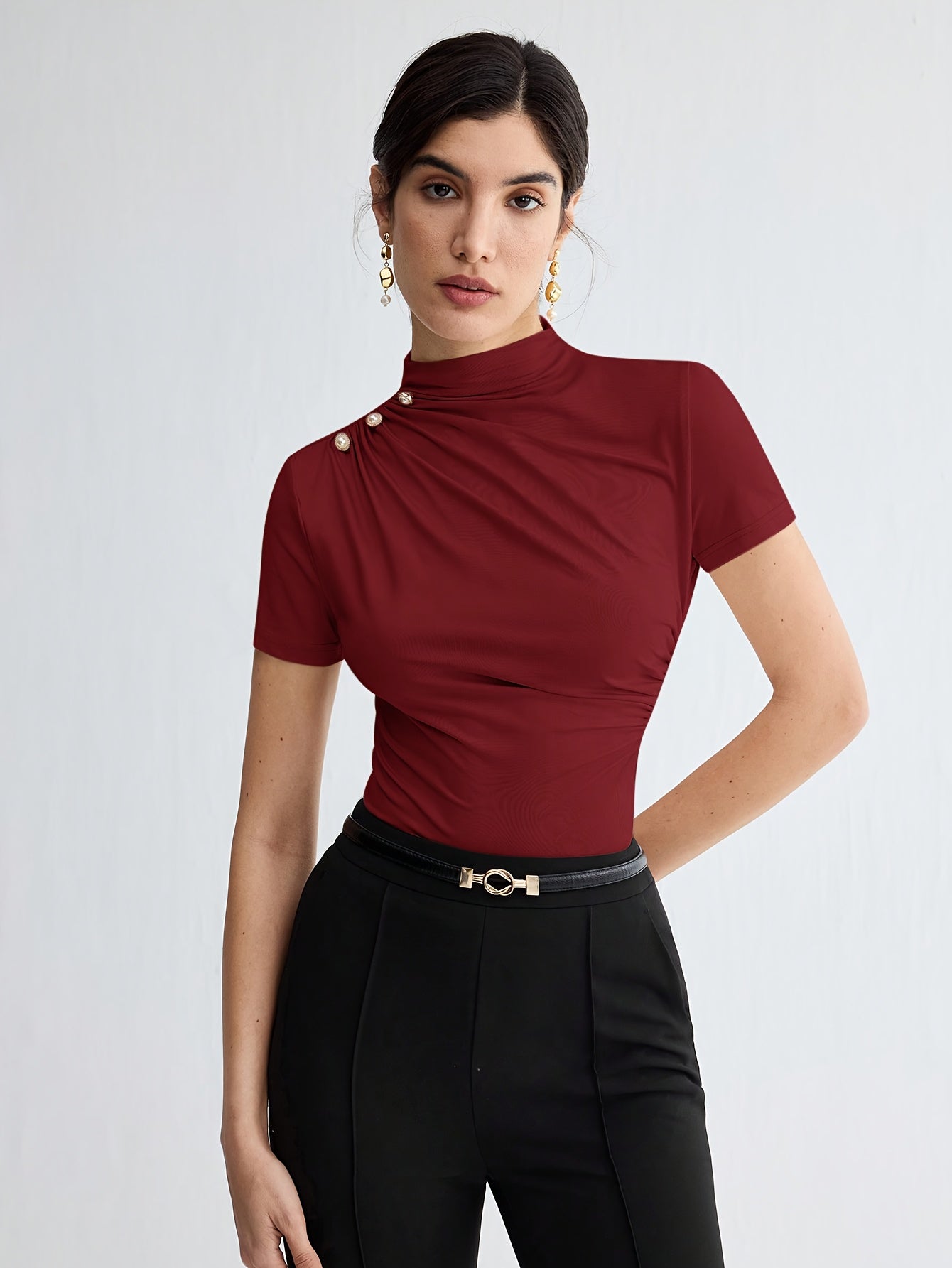 Elegant White Short Sleeve Turtleneck Top with Button Detail - Versatile Summer Blouse for Women, Casual Attire|Minimalist Style|Sleek Fit