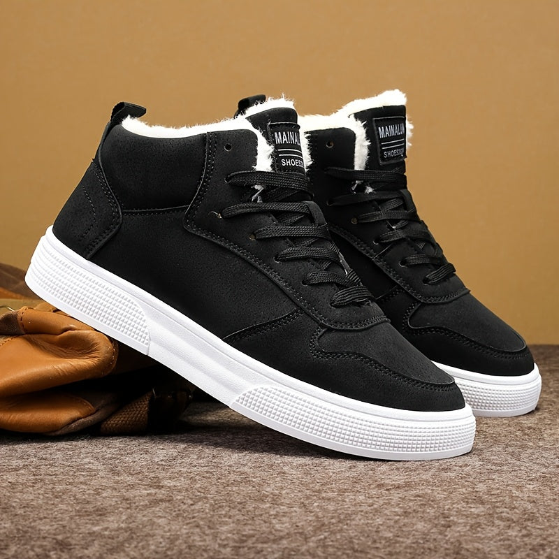Men's Mid-Top Lace-Up Boots with Warm Plush Lining for Comfortable Winter Outdoor Street Walking and Strolling, Winter Boots