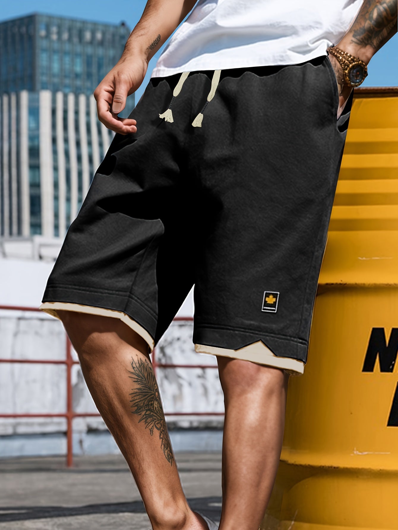 Men's Solid Shorts With Pockets, Casual Elastic Waist Fake Two-piece Drawstring Shorts For Summer