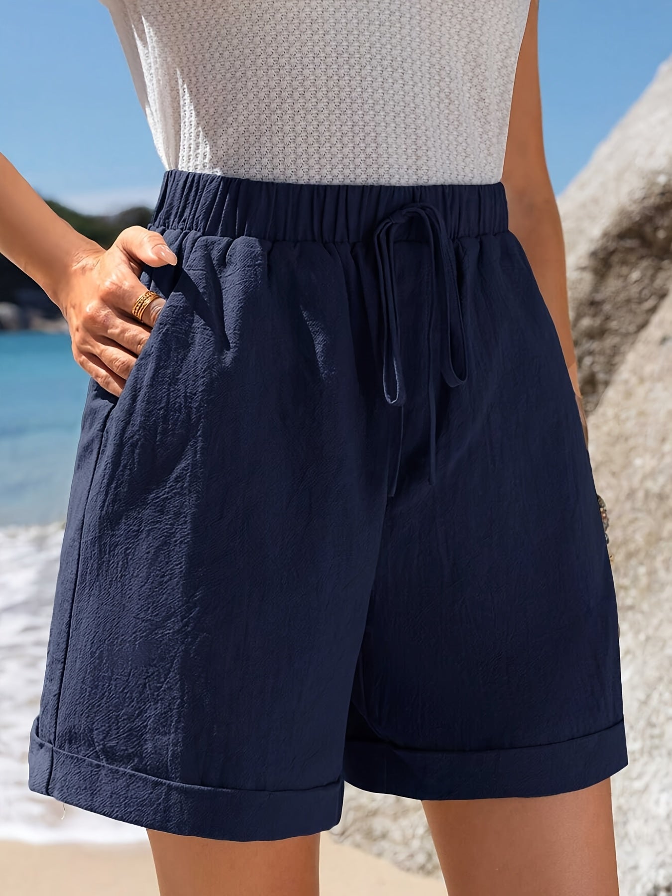 Women's Casual Green Shorts with Elastic Waistband, Drawstring, Rolled Hem & Slant Pockets - Lightweight Polyester Blend for Summer Comfort
