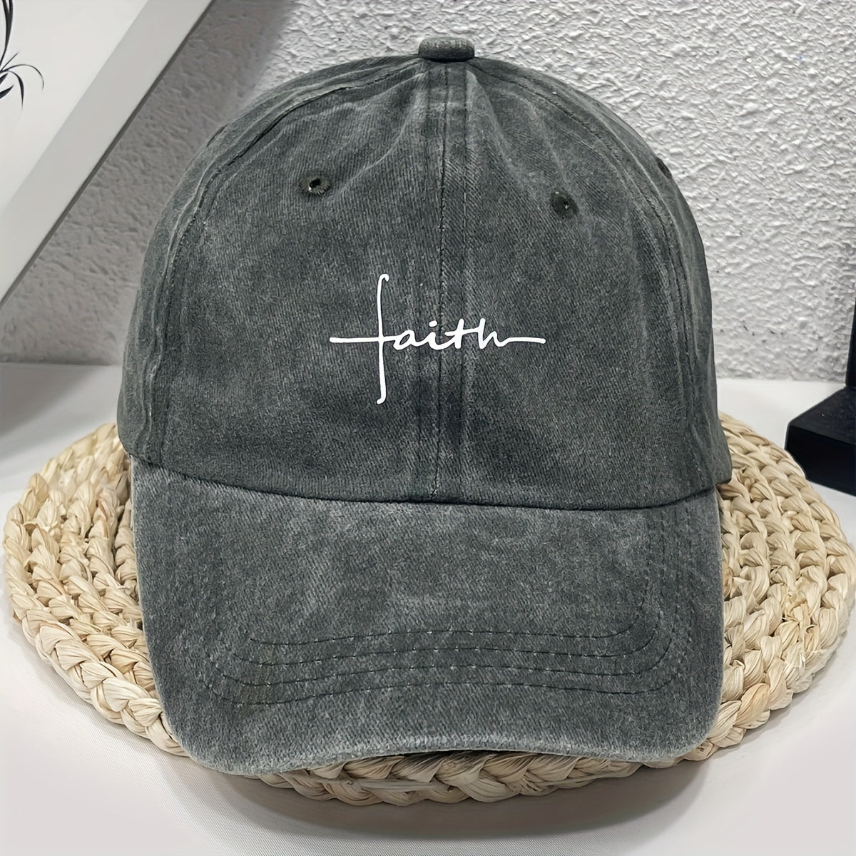 Vintage Street Style Water Wash Denim Polyester Baseball Cap, Faith Print, for Men, Women