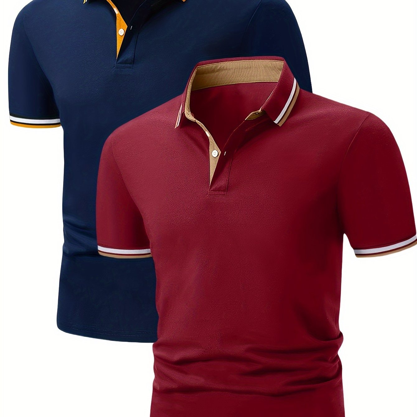 2pcs Men's Short-Sleeve Shirts with Contrast Collars - Lightweight Polyester, Pastel Blue & Pink, Turn- Collar, Button Closure, Regular Fit, Casual & Business-Casual Wear, Ideal for Summer or Gifting, Short Sleeve Tops