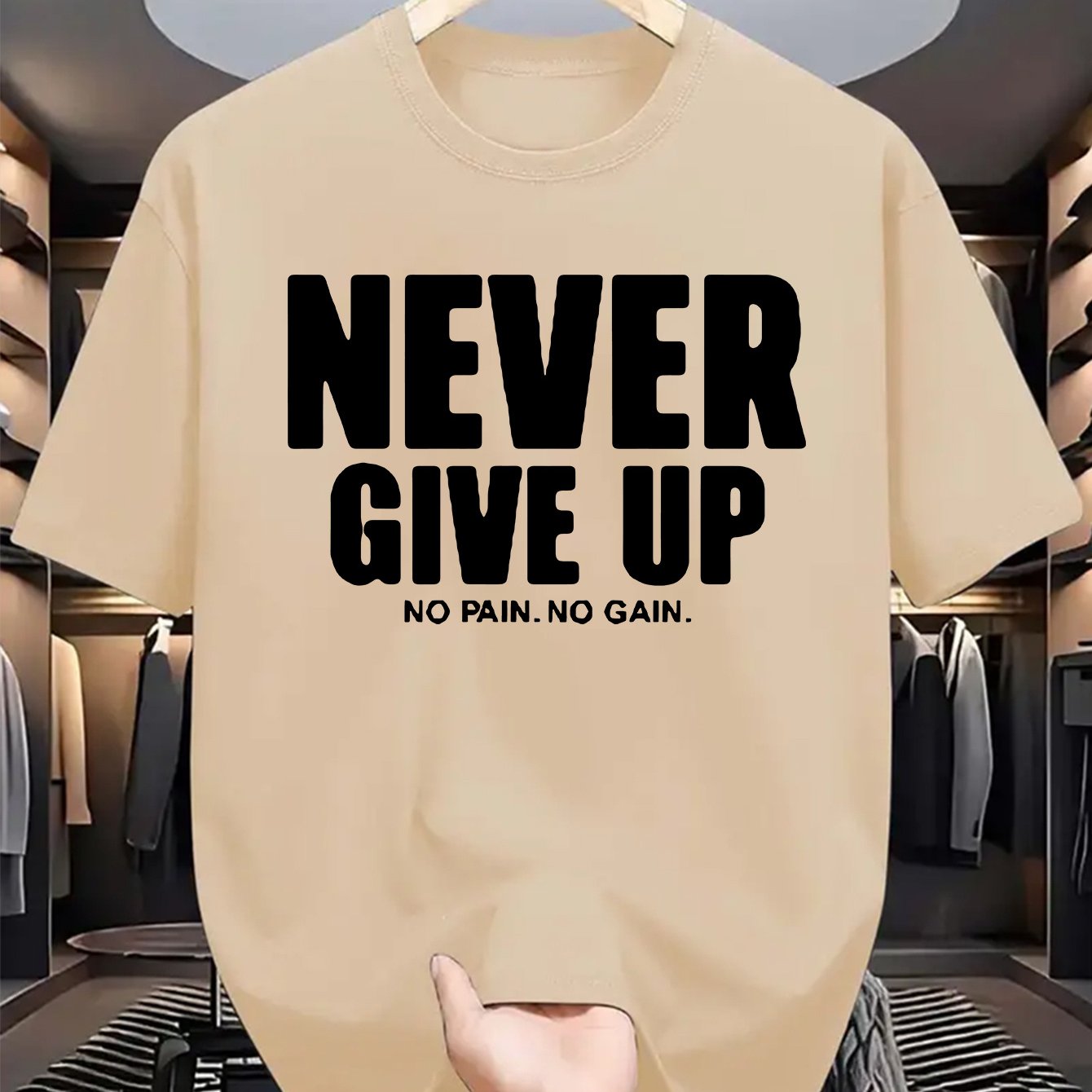 Men'S Casual Crew Neck T-Shirt with "Never Give Up" Print, Polyester Knit Fabric, Slight Stretch, Regular Fit, Summer Short Sleeve Tee for Daily Wear