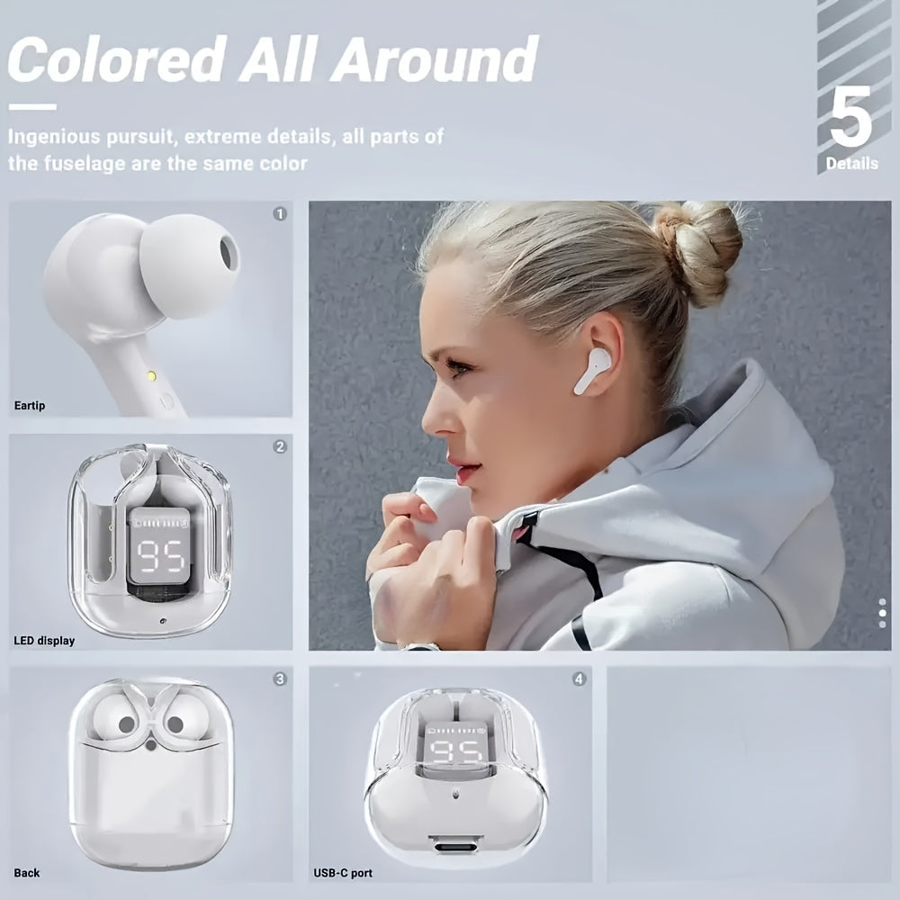 Wireless TWS Headphones Transparent Case Headphones with Digital Power Display Wireless Gaming Headphones
