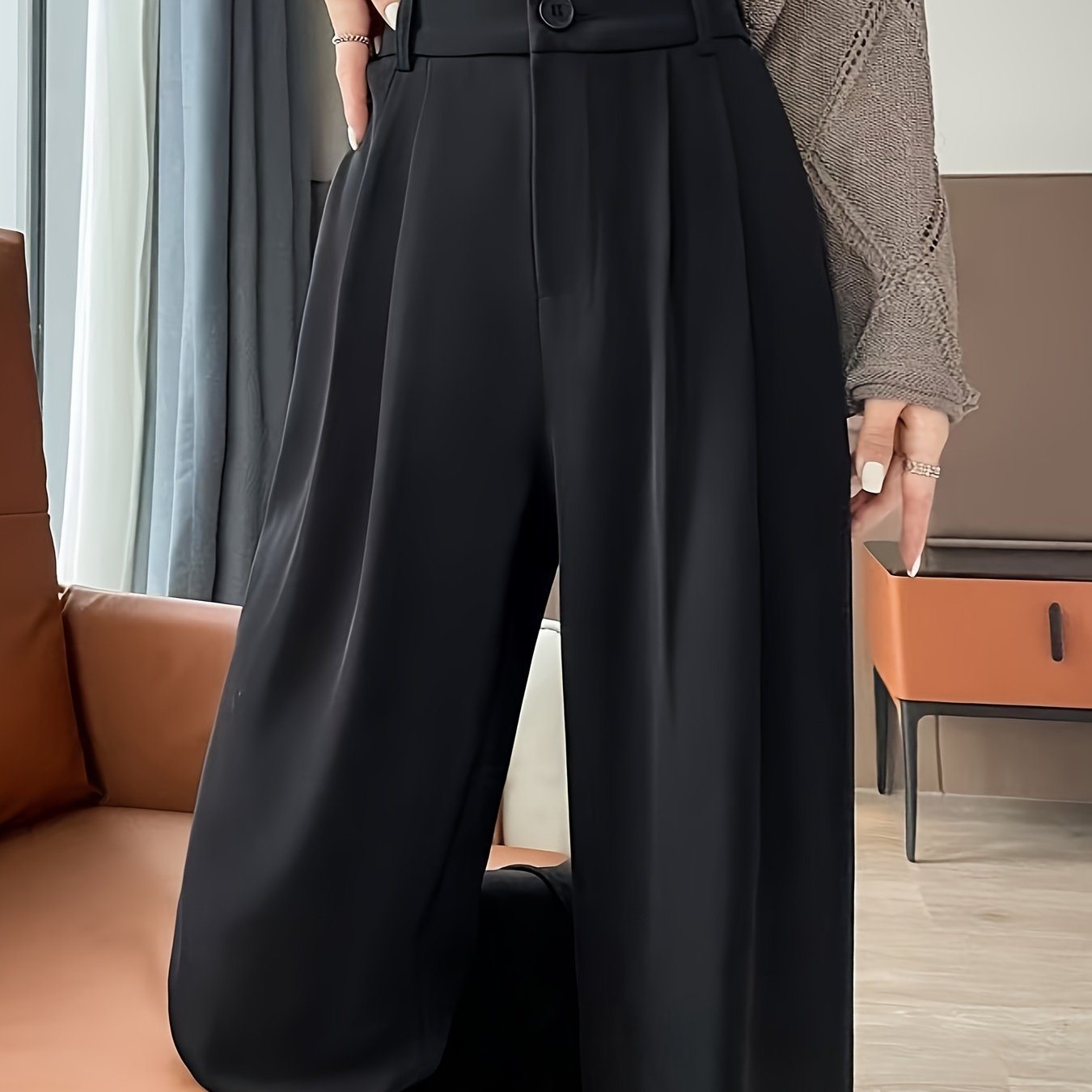 Women'S Elegant Solid Color Straight Leg Pants, Breathable, Comfortable, Fashion Commuter, Polyester, Elastic Waist, Loose Contour, 250g/㎡, for Adult, Spring/Summer/Fall