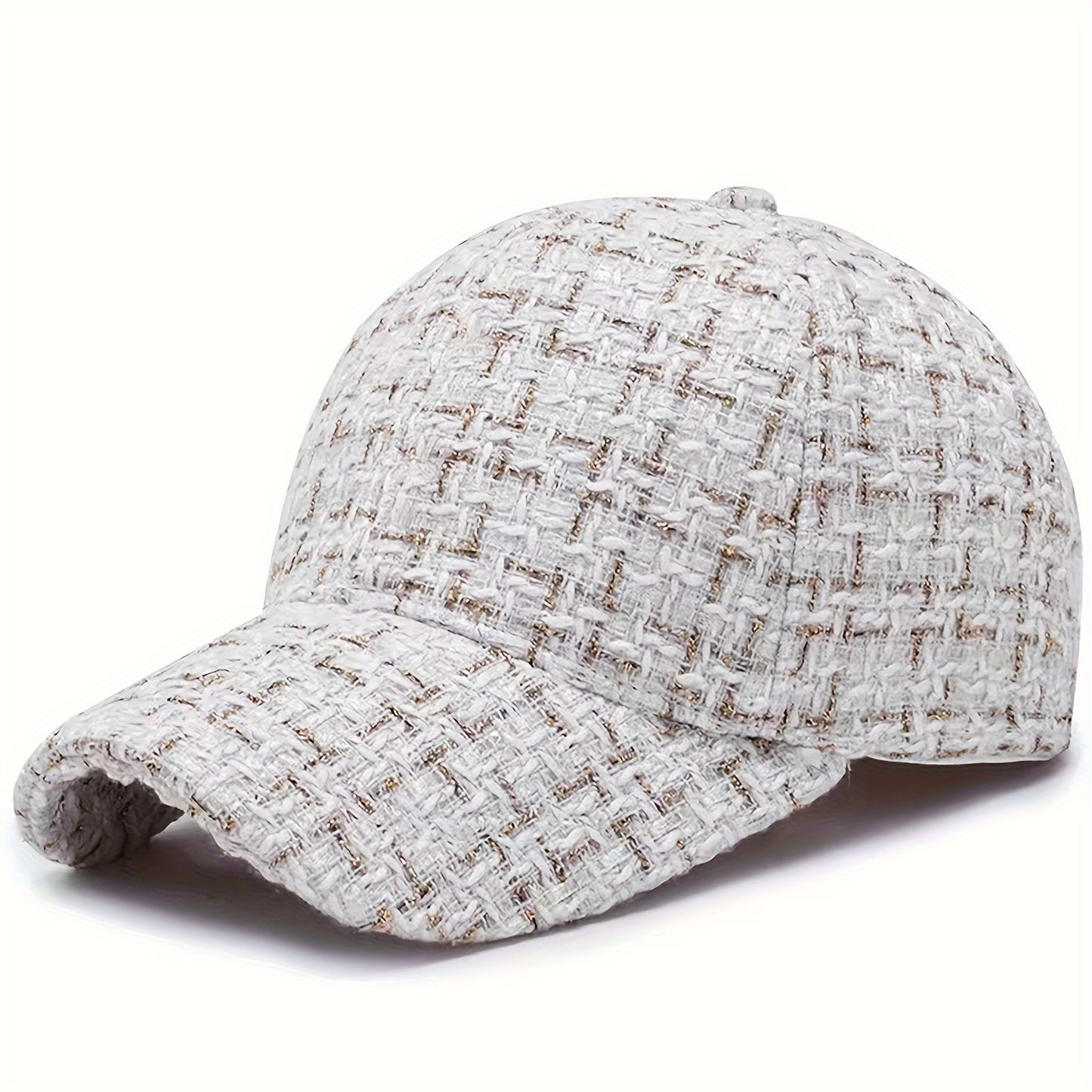 1pc Trendy Black & White Checkered Baseball Cap with Sparkly Golden Embroidery - Stylish Sun Protection Hat for Spring and Fall, Hand Wash Only, Polyester Material, Casual Wear Hat | Checkered Pattern Cap | Woven Texture Cap