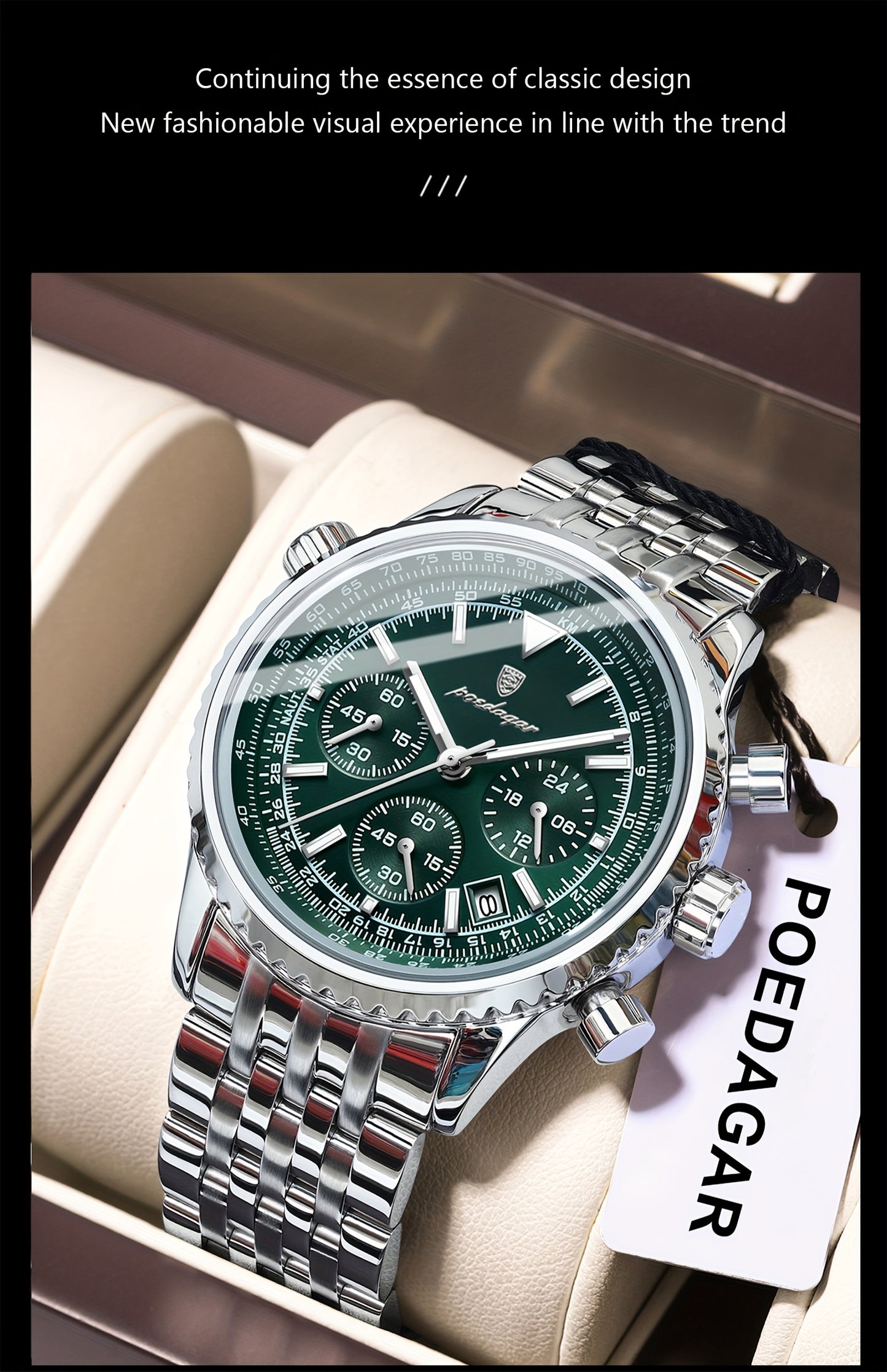 POEDAGAR Men's Luxury Stainless Steel Watch, Chronograph, Calendar, Date Display, Green Dial with Black Bezel & Roman Numerals, Quartz Movement, Casual to Business Style, Suitable for Women