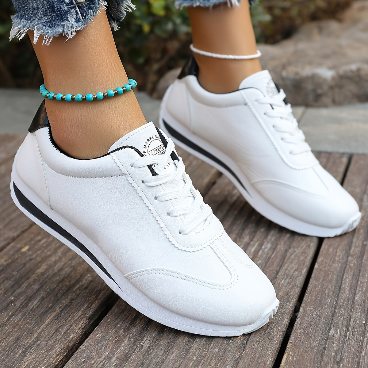 Women's Lightweight Casual Sneakers - White Synthetic Leather, All-Season Comfort, Stability Support, Breathable Fabric Lining, TPR Sole, Perfect for Casual Attire, Cute Shoes