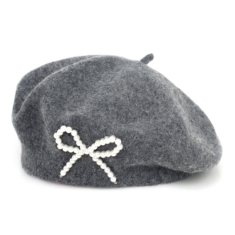 1pc Women's Wool Beret with Pearl Bow - Elegant, Breathable, and Stylish in Multiple Colors (Black, Brown, Gray, Beige, Purple, Pink) for Casual Attire