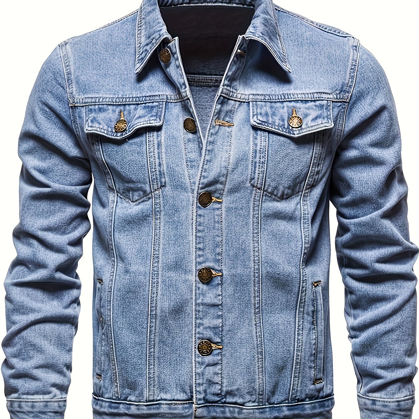 Men's Chic Washed Denim Jacket, Casual Street Style Button Up Contrast Stitching Jacket For Fall Winter