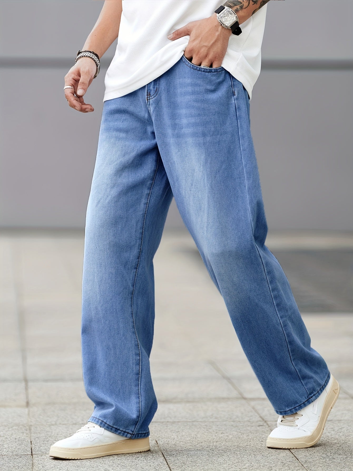 Men's Loose Fit Wide Leg Jeans, Men's Stylish Comfy Denim Pants, Versatile For Four Seasons